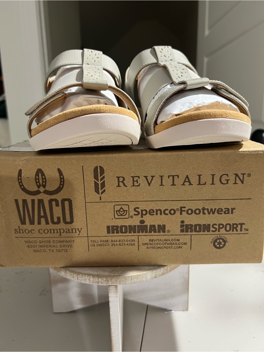 REVITALIGN White and Tan Double-Strap Slide Sandals